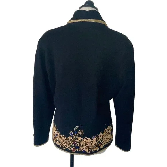 Diane Freis Vintage Womens Sweater Jacket Size M L Black Beaded Jeweled Wool